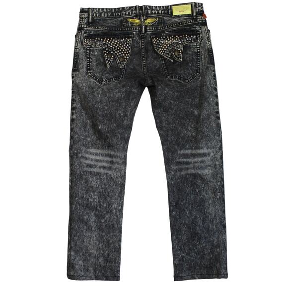 Robins Jean Long Flap Mens 36 Black Gray Studded Biker Y2K D5851 BRNSNAKE - Picture 2 of 12